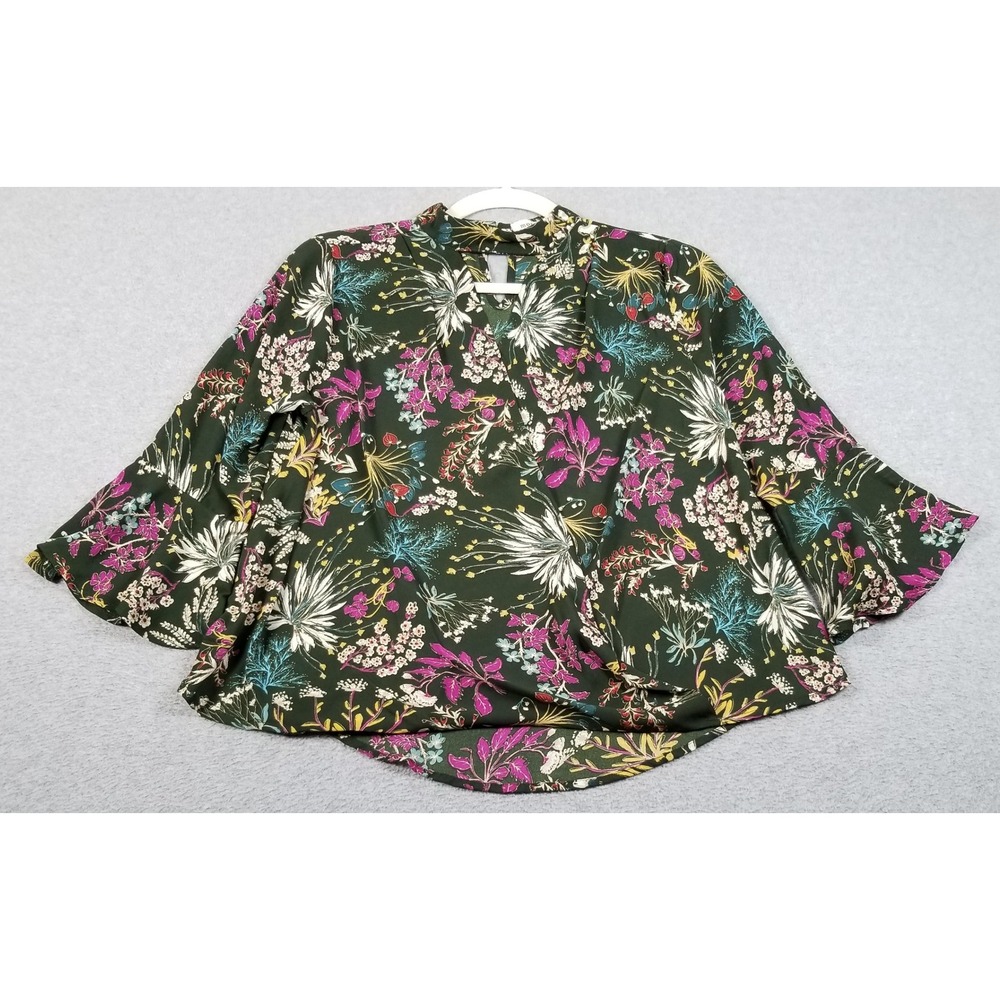 Monteau Blouse Women S Small Floral 3/4 Bell Sleeve Mock Neck Cutout Top Spring